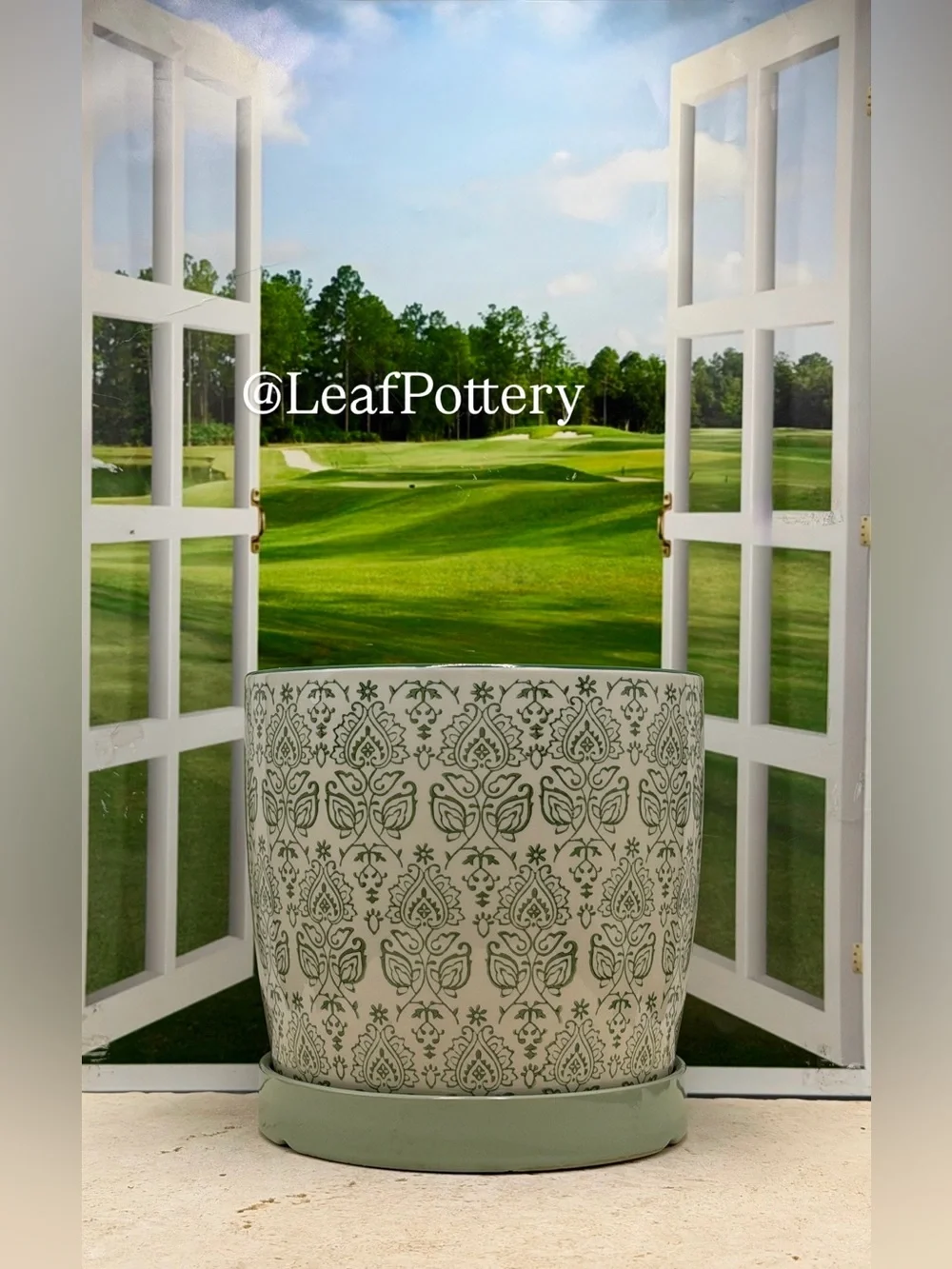 Ceramic Planter with Saucer Attached 7 Inch | Green Patterned Flower Pot